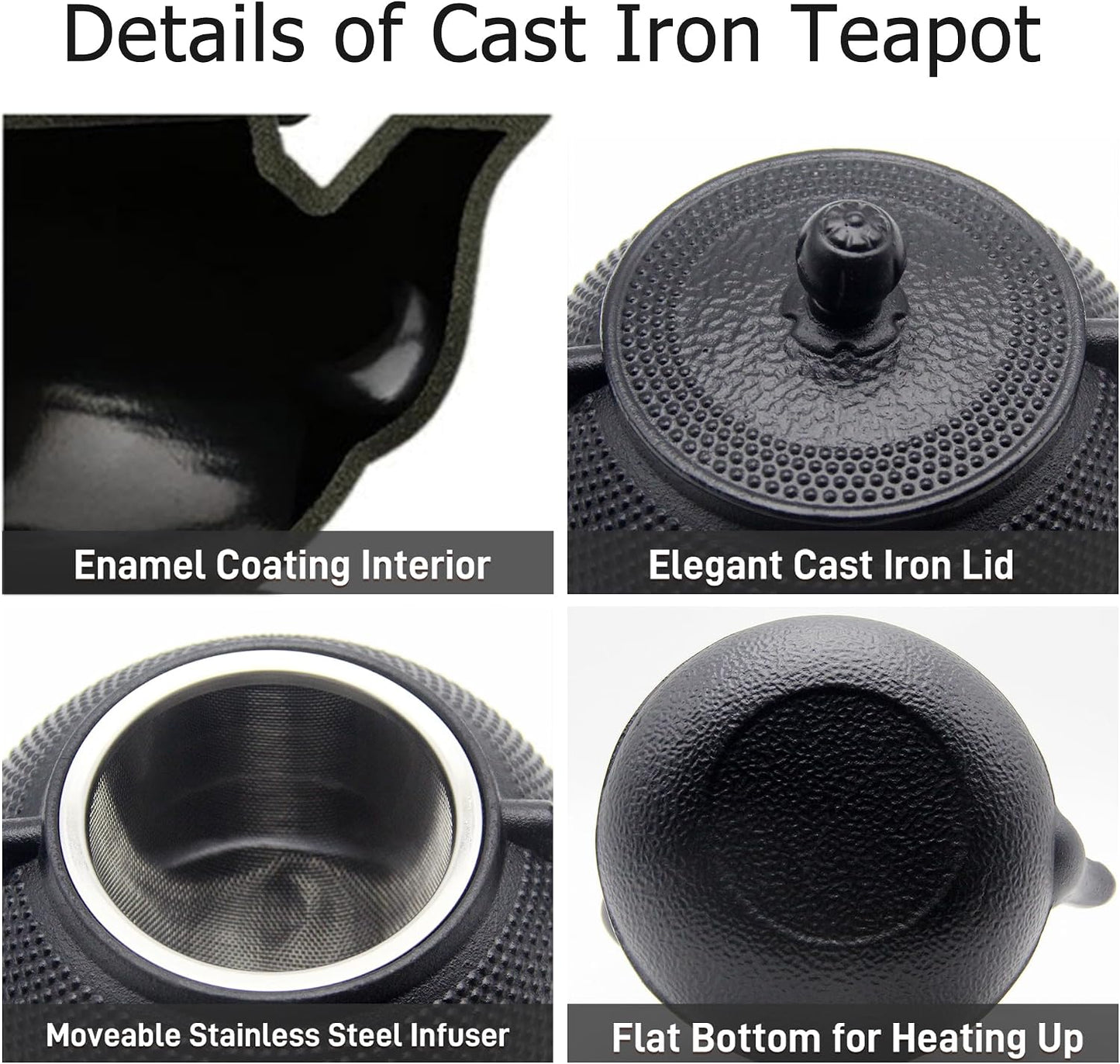 20.3oz Small Cast Iron Teapot Set with Warmer, Japanese Black Tea Kettle for Stovetop Safe, Teapot and Cups Set, Tea Pot with Stainless Steel Infuser for Loose Tea(600ml)