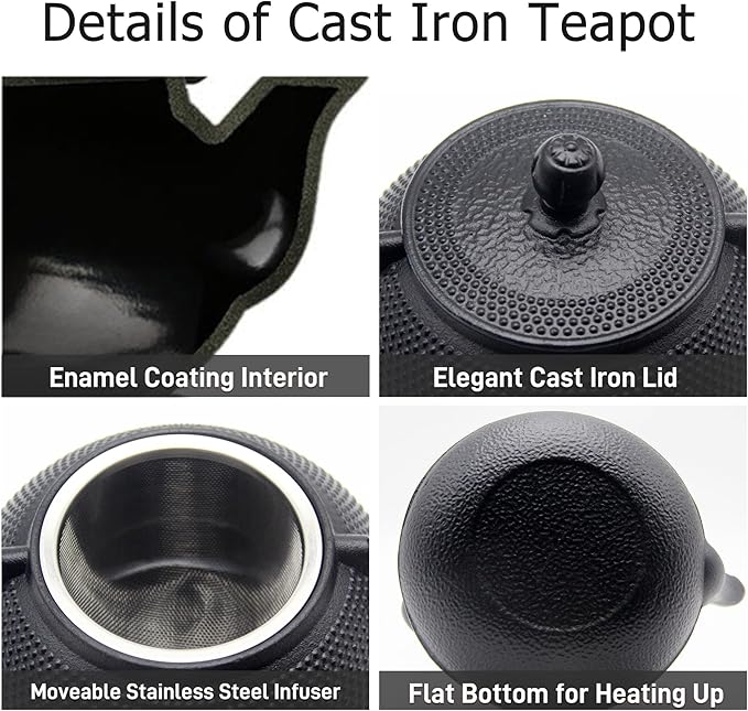 20.3oz Small Cast Iron Teapot Set with Warmer, Japanese Black Tea Kettle for Stovetop Safe, Teapot and Cups Set