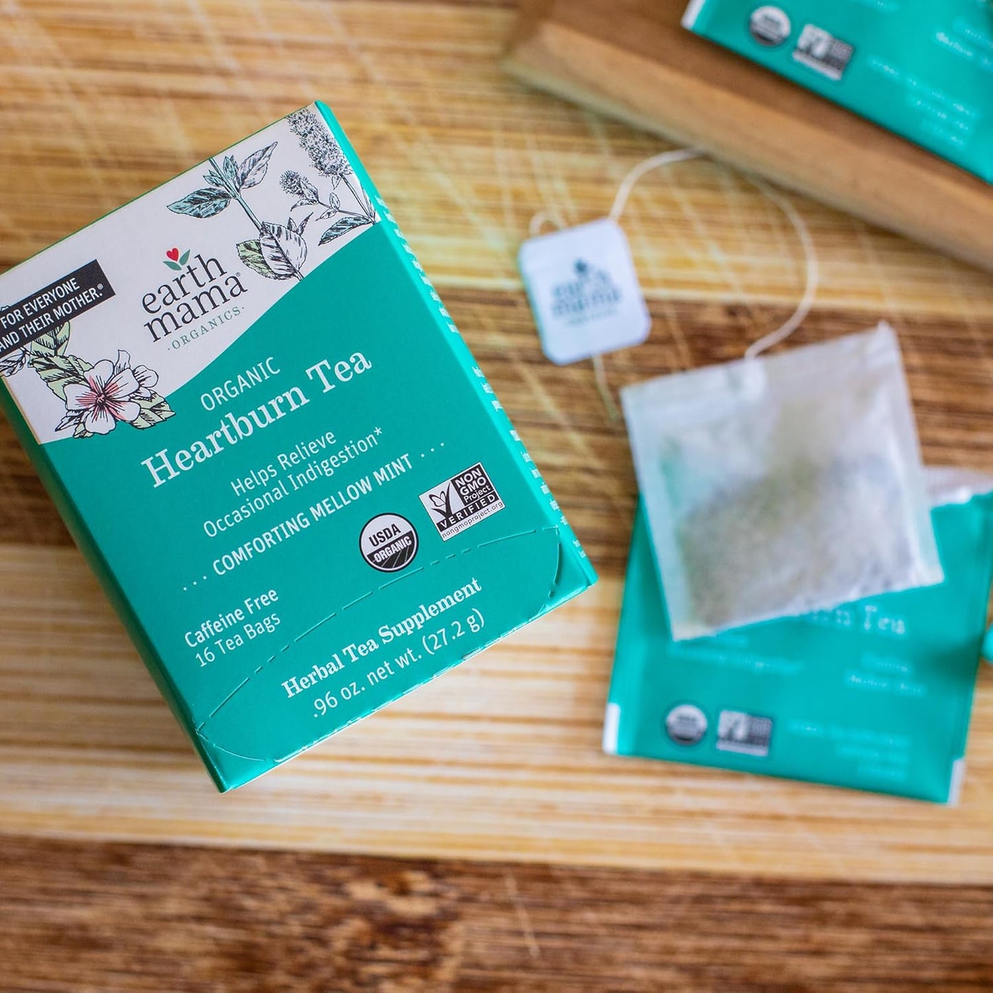 Earth Mama Organic Heartburn Tea | Pregnancy-Safe Soothing Herbal Blend with Marshmallow Root, Lemon Balm & Chamomile, 16 Teabags Per Box