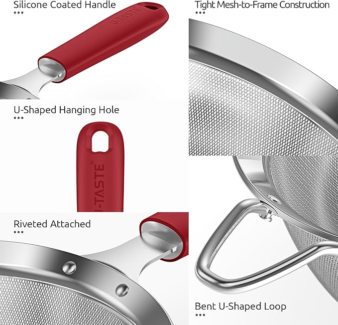 U-Taste Small Fine Mesh Strainer: 18/8 Stainless Steel 3.35in 30 Mesh Kitchen Food Sieve with Sturdy Riveted Silicone Handle, Heavy Duty Deep Handheld Metal Colander for Tea, Juice (Red)