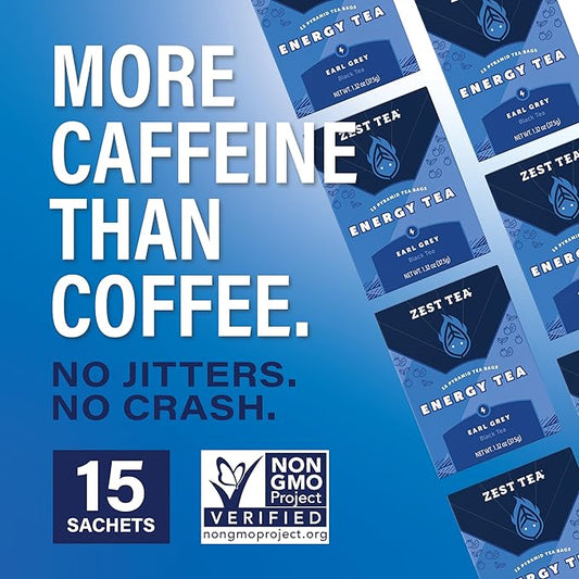 Zest High Caffeine Black Tea Bags – Earl Grey Energy Tea with Natural Bergamot – 150mg Caffeine per Cup – Focus & Morning Breakfast Tea for Energy – Caffeinated Coffee Substitute – 15Ct Box