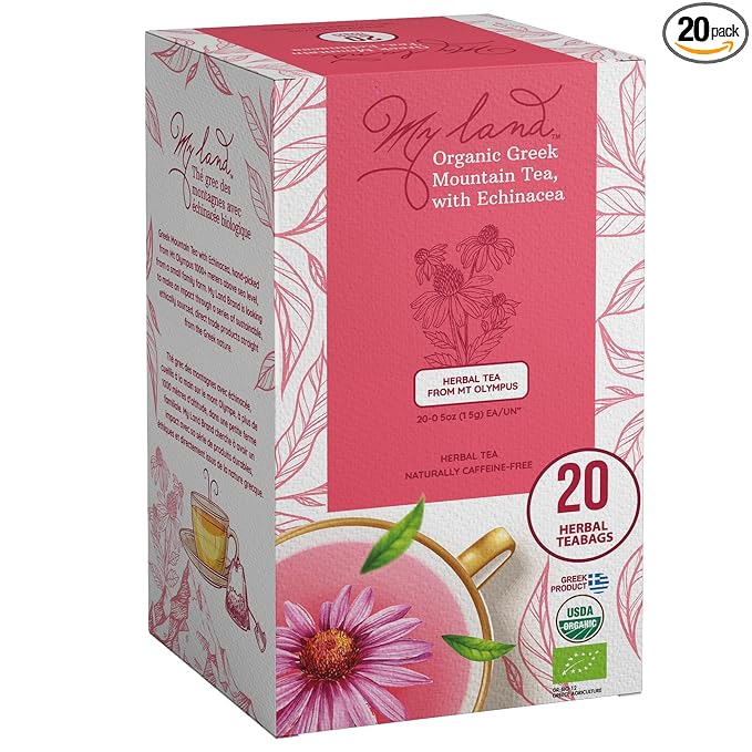 My Land Organic Greek Mountain Tea with Echinacea – Naturally Dried & Handcrafted Herbal Tea from Mount Olympus, 20 Count (Pack of 1)
