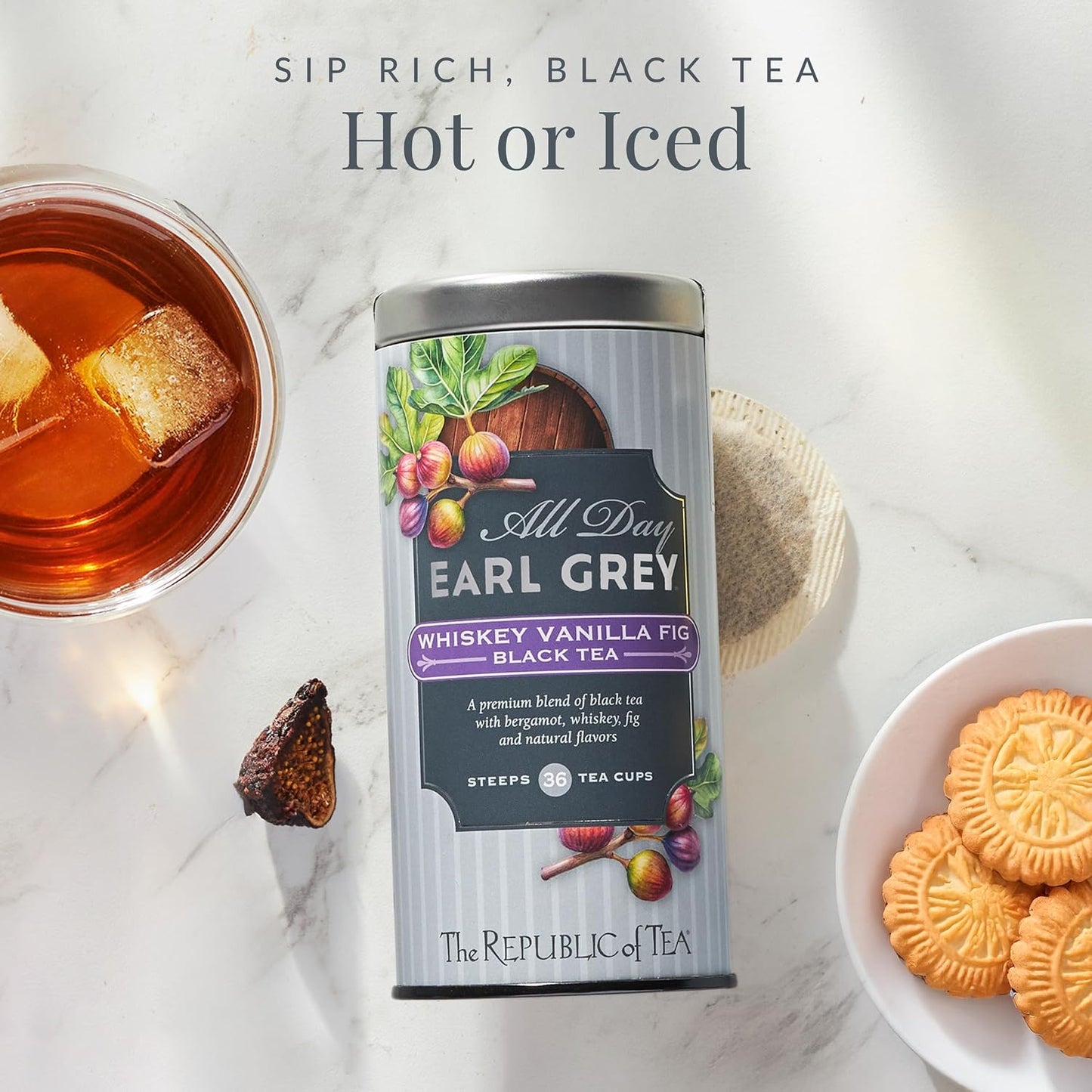 The Republic of Tea All Day Earl Grey Whiskey Vanilla Fig Black Tea, 36 Ct | Naturally Caffeinated. Made for morning or afternoon. Brisk and full-bodied with notes of lively citrus and bright bergamot.