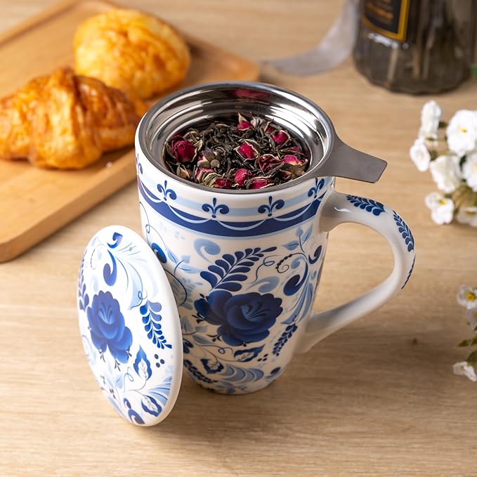 Gbhome Tea Mug with Infuser and Lid, 18 Ounce Large Ceramic Loose Leaf Tea Cup, Microwave, Dishwasher Safe Tea Steeping Mug