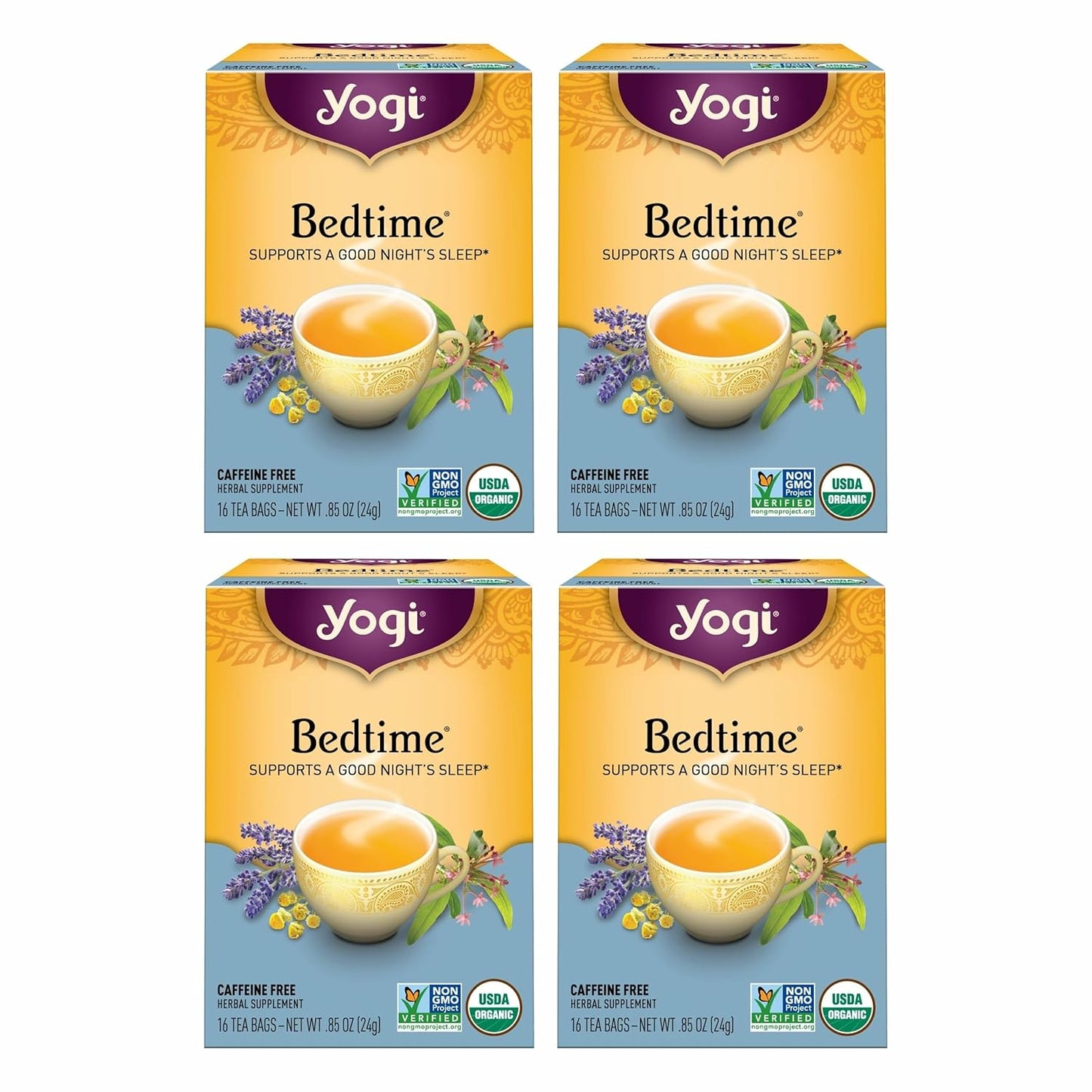 Yogi Tea Bedtime Tea - 16 Tea Bags per Pack (4 Packs) - Chamomile & Passionflower Herbal Tea Blend - Tea to Support a Good Night's Sleep - Includes Lavender, Licorice Root, Spearmint & Cardamom