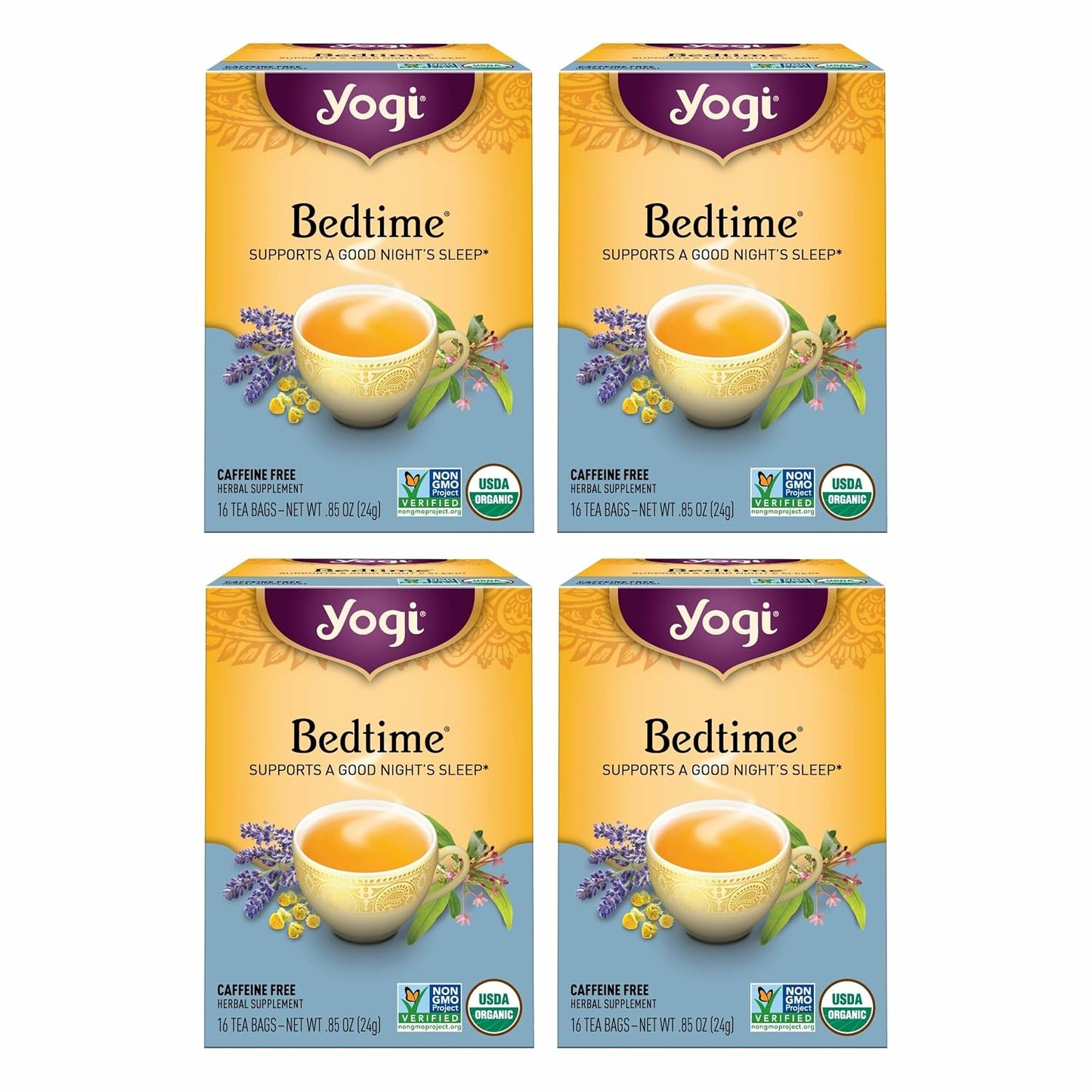 Yogi Tea Bedtime Tea - 16 Tea Bags per Pack (4 Packs) - Chamomile & Passionflower Herbal Tea Blend - Tea to Support a Good Night's Sleep