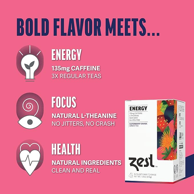 Zest Energy Green Tea - Superberry Samba - High Caffeine Strawberry, Acai, & Passion Fruit Tea - Caffeinated Coffee Altnernative with Antioxidants - Natural, Non-GMO & Keto - 15Ct Box - 135mg Caf