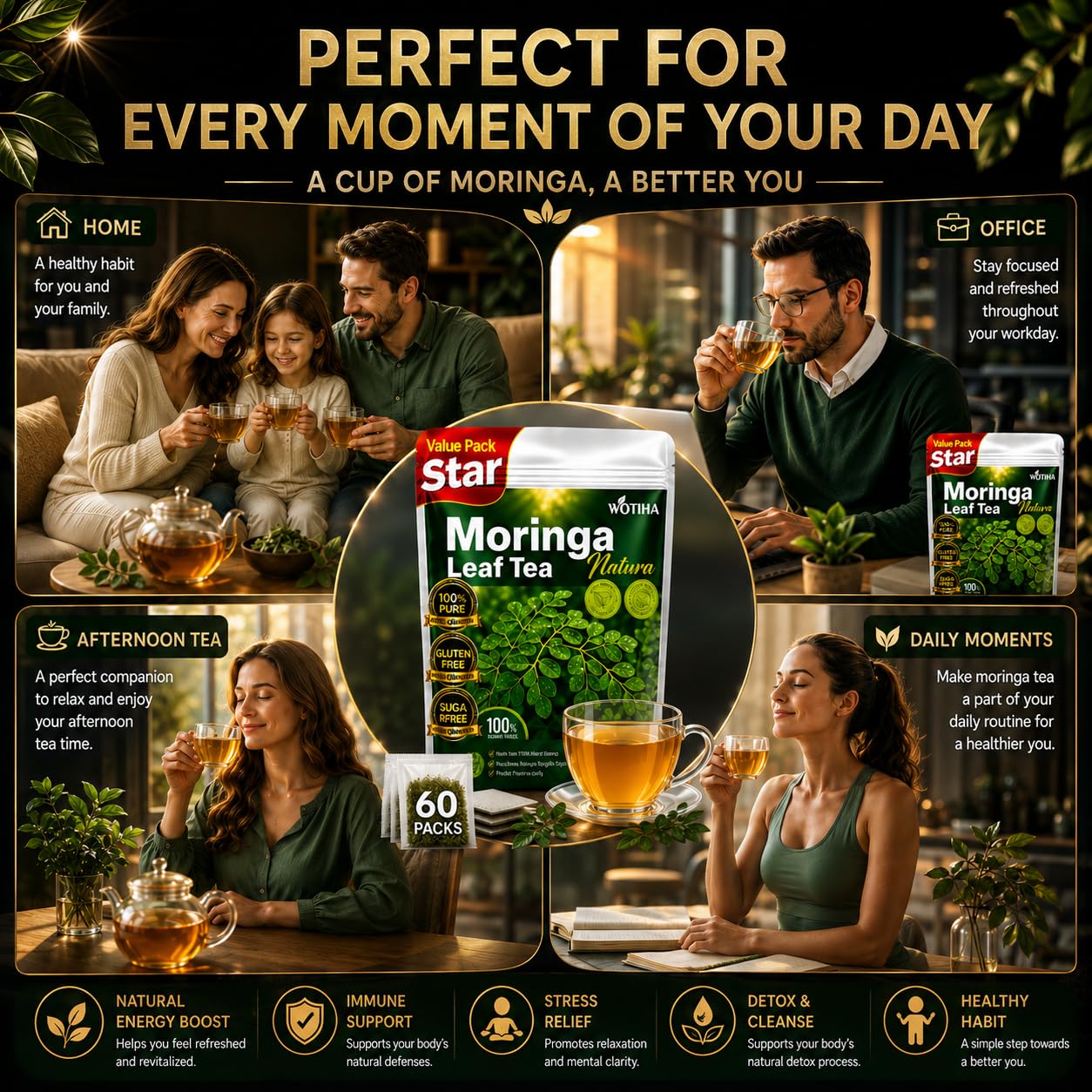 WOTIHA Moringa Tea Herbal Bags, 60 Count,100% Pure &amp; Natural Moringa Leaves, Cultivated From India-Supports Daily Wellness &amp; Digestion, Non-GMO Caffeine-Free