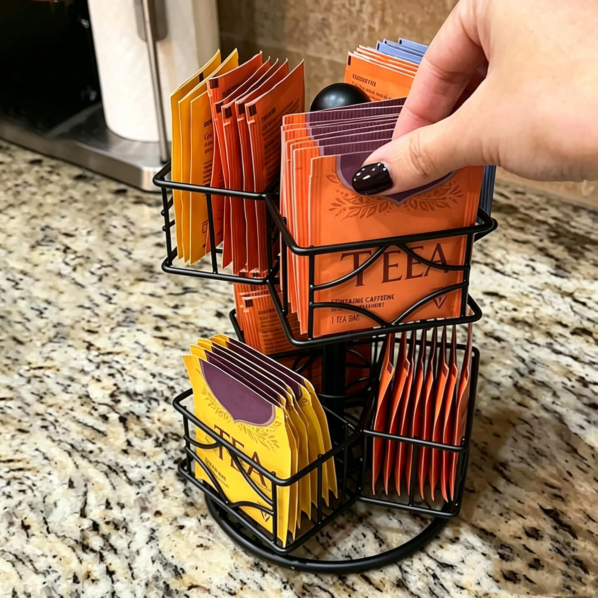 Frcctre Tea Bag Organizer, 360 Degree Tea Bag Spining Carousel Organizer with 6 Compartments, Lazy Susan Sugar Coffee Creamer