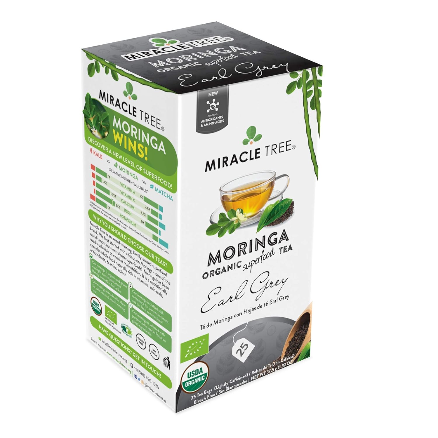 Miracle Tree - Organic Moringa Superfood Tea, 25 Individually Sealed Tea Bags, Earl Grey (Keto, Detox, Energy & Immunity Booster, Vegan, Gluten-Free, Organic, Non-GMO, Caffeine-Free)
