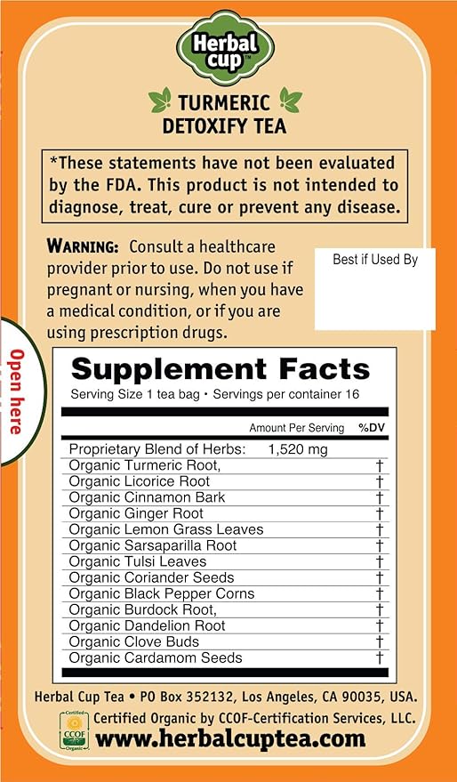 Herbal Cup Ayurveda Turmeric Tea, Organic Detoxify, No Caffeine Herbal Teas (Turmeric Detoxify, 16 Count (Pack of 6))