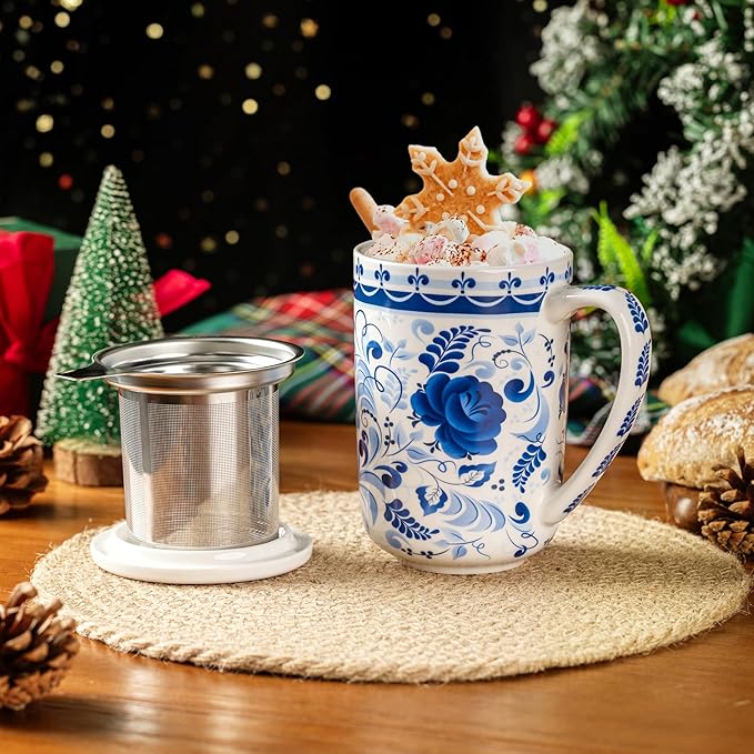 Gbhome Tea Mug with Infuser and Lid, 18 Ounce Large Ceramic Loose Leaf Cup, Microwave, Dishwasher Safe, Perfect For Tea Lovers