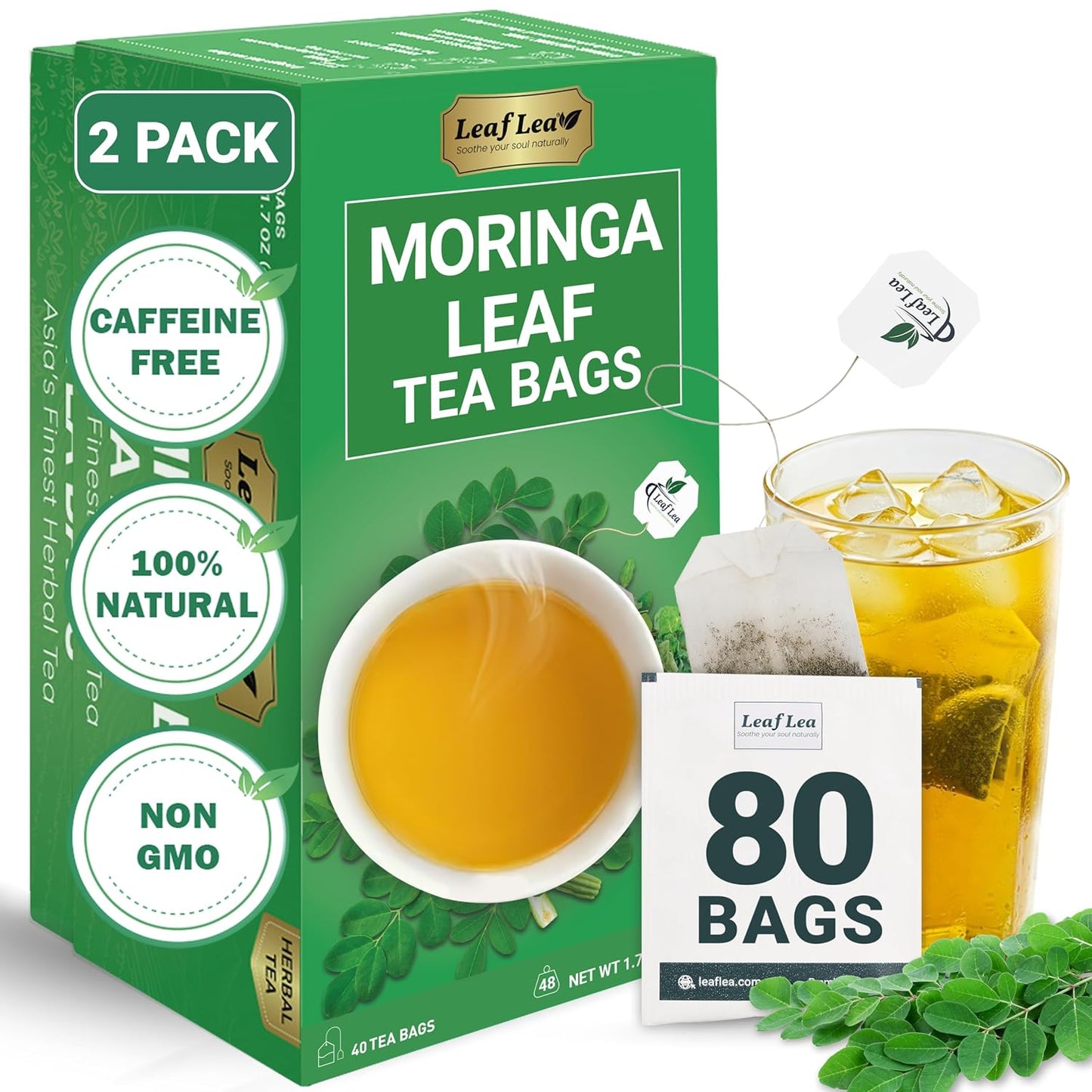LeafLea Moringa Tea Bags, Pure Moringa Leaf Herbal Tea, 80 Count, 2 Boxes | Mild Earthy Moringa Oleifera Leaves, Foil-Wrapped Fresh, Caffeine-Free, Sugar-Free, Stock-Up Pack of 2