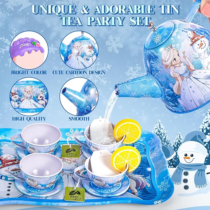 Frozen Tea Party Set for Little Girls, Princess Gift Toy, Kids Pretend Play Tin Tea Set with Teapot, Tea Cups, Food Playset & Carrying Case