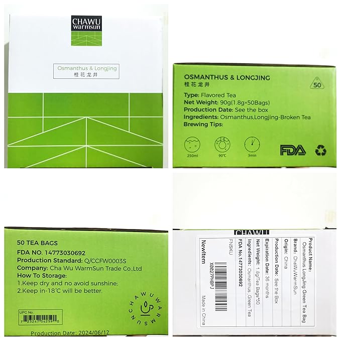 ChaWuWarmSun-Osmanthus & LongJing Green Tea Bags,50 Tea Bags,Natural Flower and Broken Tea (Pack of 2)