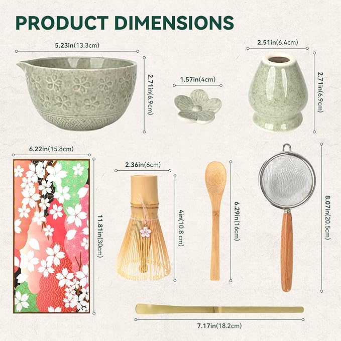 Sakura Matcha Whisk Set, 8 PCS Japanese-Style Matcha Kit with Cherry Blossom Matcha Bowl, Bamboo Whisk & Holder, Scoop, Spoon Rest