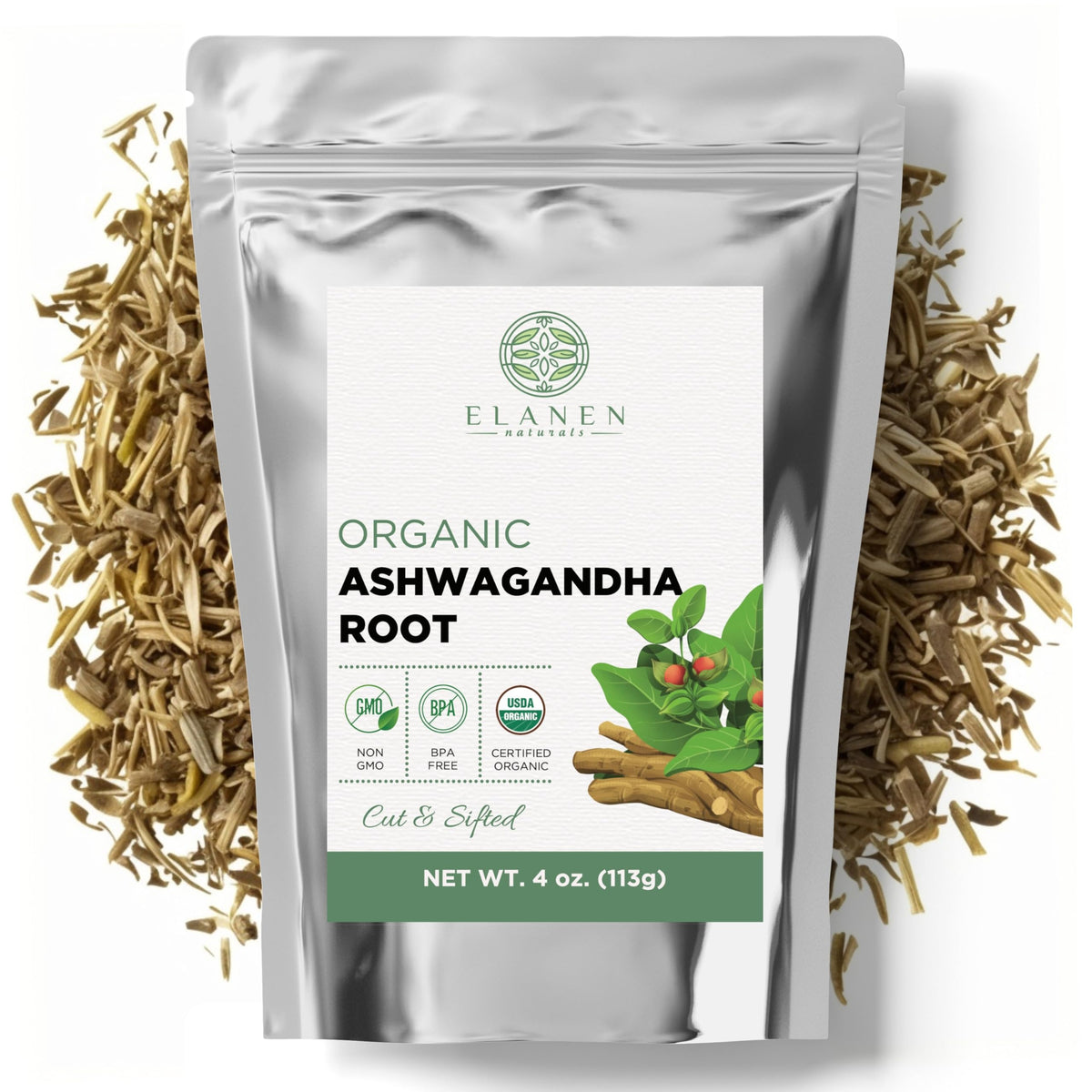 Elanen Naturals Organic Ashwagandha Root 4 oz. (113g), USDA Certified Organic Ashwagandha Root Loose Leaf Tea, Dried Withania