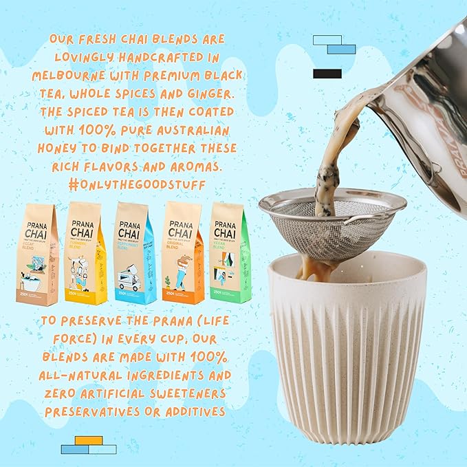 Prana Chai Original Masala Blend 250g + Huskee 12oz Cup with Lid + Stainless Steel Fine Mesh Strainer