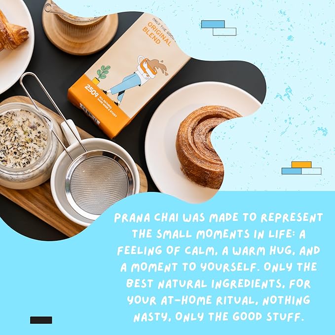 Prana Chai Original Masala Blend 250g + Huskee 12oz Cup with Lid + Stainless Steel Fine Mesh Strainer
