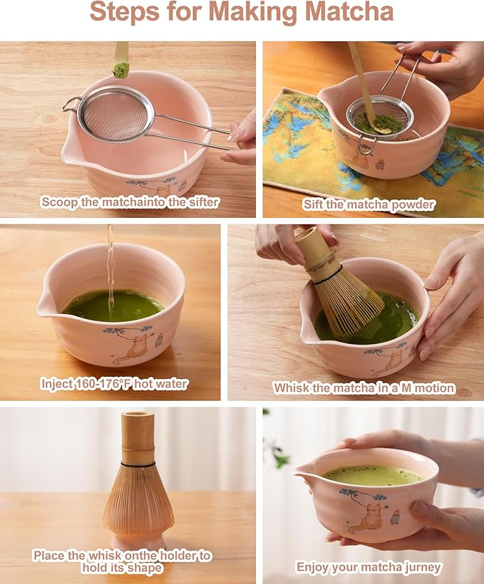 Matcha Whisk Set, Ceramic Matcha Set Includes Matcha Bowl, Matcha Whisk and Holder, Bamboo Scoop, Scoop Rest, Sifter and Tea Towel