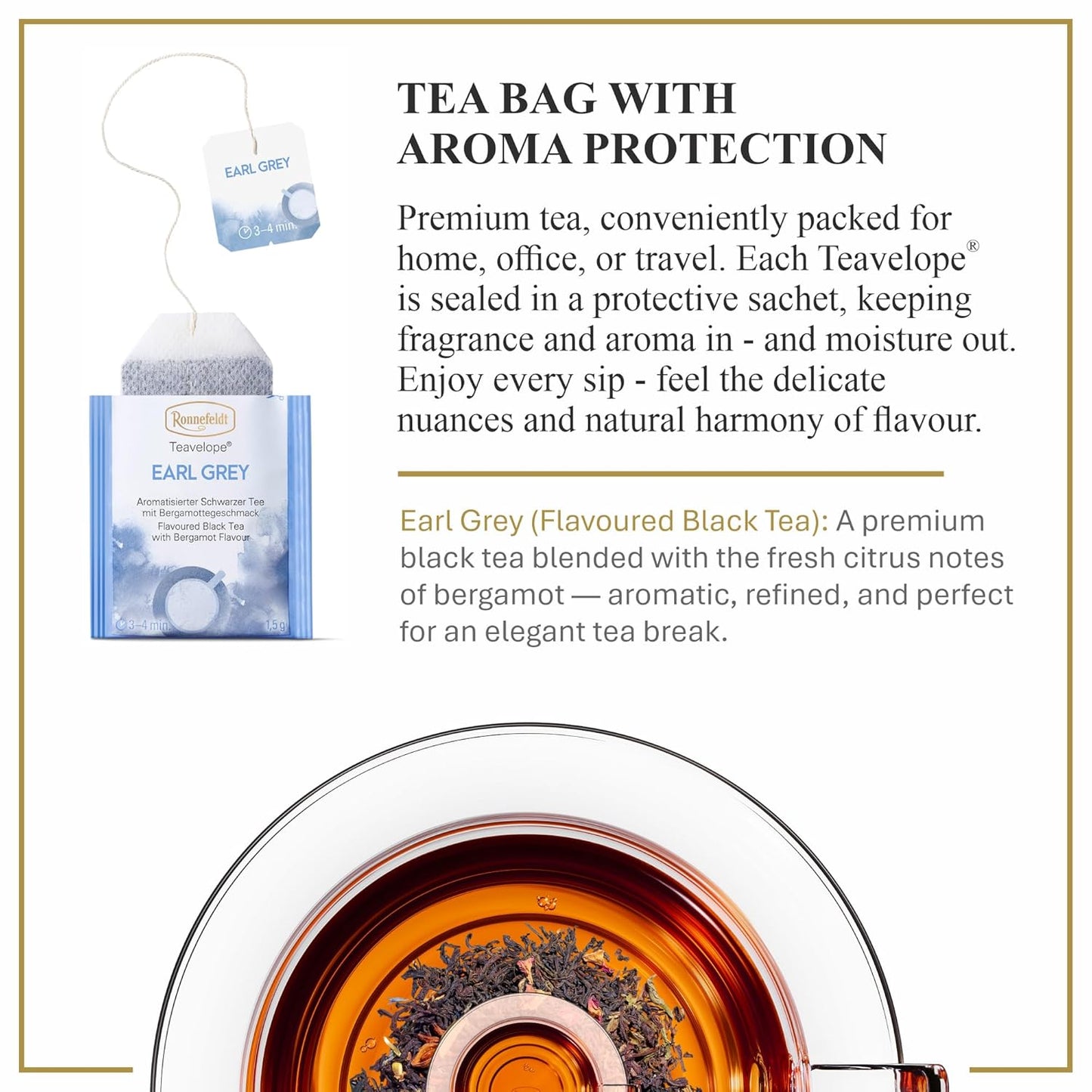 Ronnefeldt Teavelope Earl Grey - Flavoured Black Tea With Bergamot Flavour India Bags Tea Individually Wrapped, 25 Count - Strong, Smooth, Caffeinated - Hot or Iced