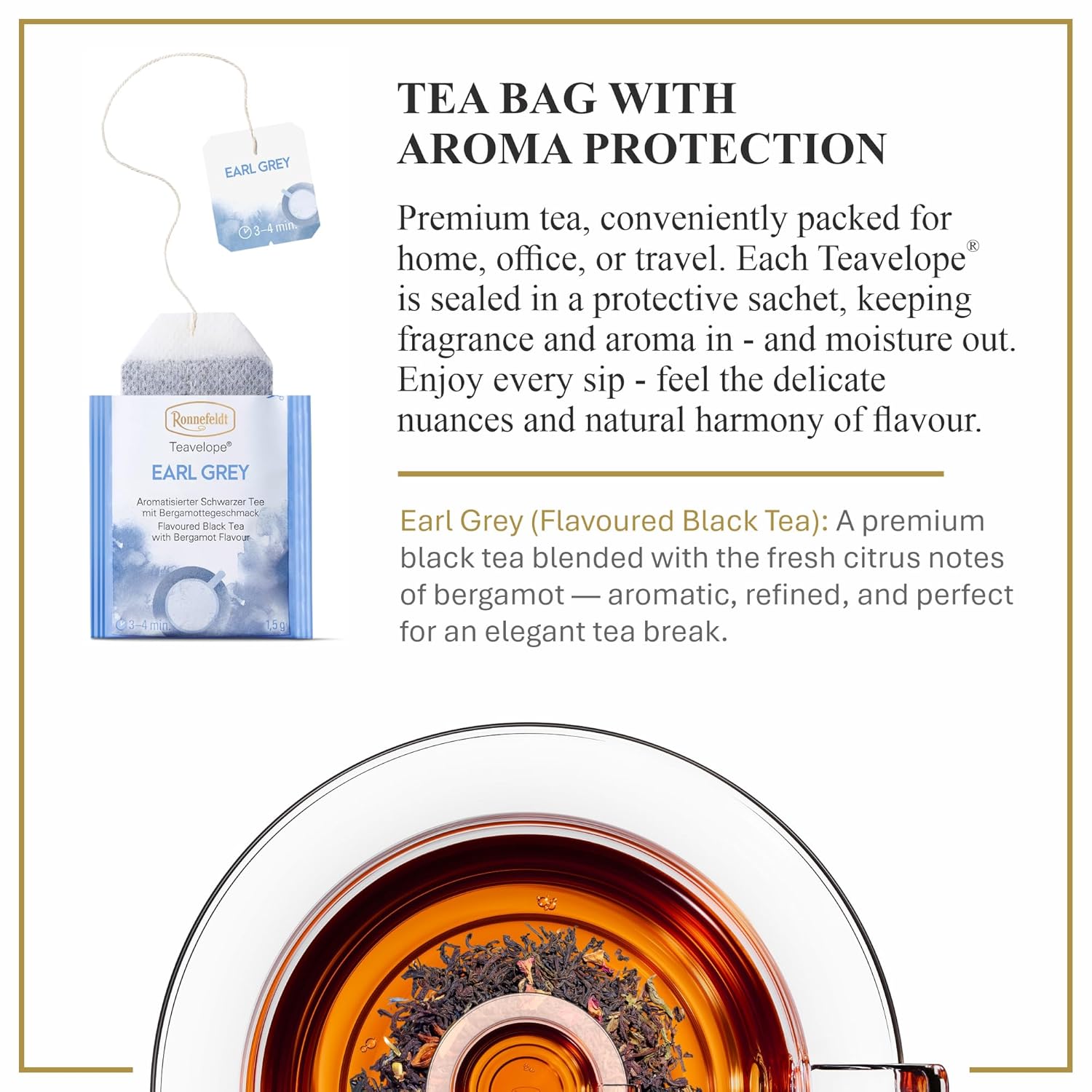Ronnefeldt Teavelope Earl Grey - Flavoured Black Tea With Bergamot Flavour India Bags Tea Individually Wrapped, 25 Count - Strong, Smooth, Caffeinated - Hot or Iced