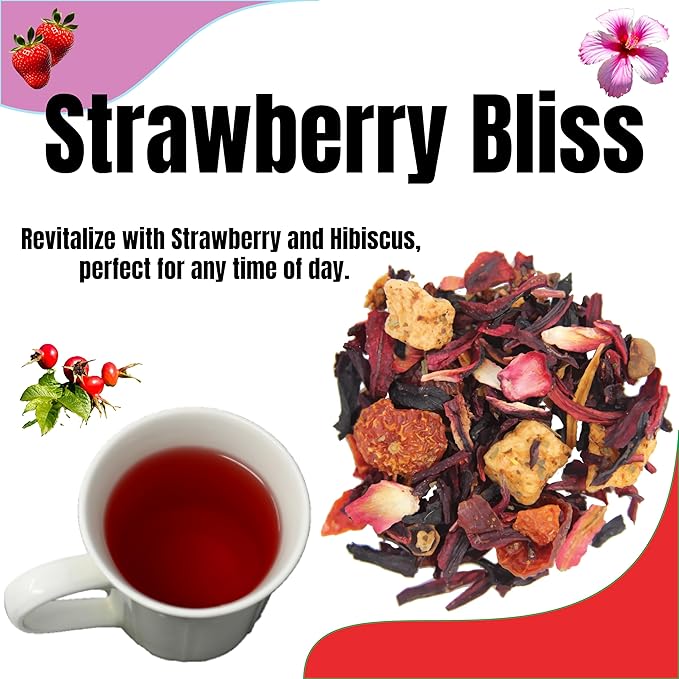 Tea Whisker - Strawberry Bliss | Fruity Herbal | Loose Leaf Tea | 4 Ounce Pouch | Serve Iced or Hot | Non-Caffeinated