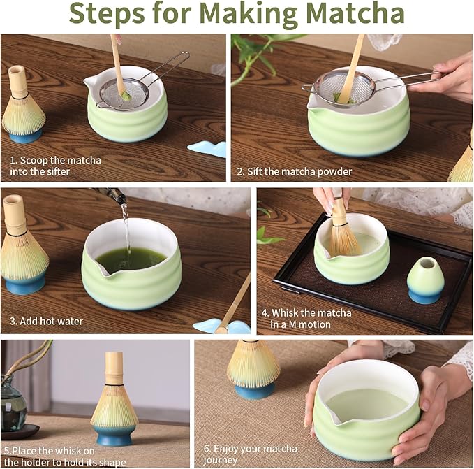 Matcha Bowl and Whisk Set - 7-Piece Kit Bamboo Matcha Whisk (Chasen), Ceramic Chawan, Sifter & Holder - All-in-One Matcha Making Kit Blue Green