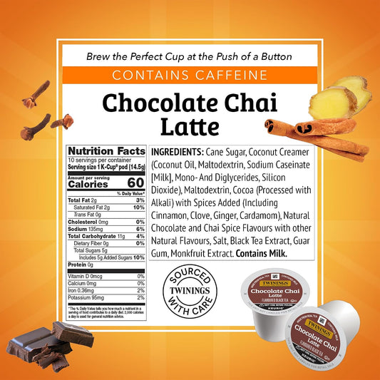 Twinings Chocolate Chai Latte Spiced Tea K-Cups, Keurig 10 CT Box (6 Pack) | Café Style, Velvety Smooth Cocoa, Real Spiced Tea, Naturally Caffeinated, 60 Pods for Single Serve Brewers, Enjoy Hot or Iced