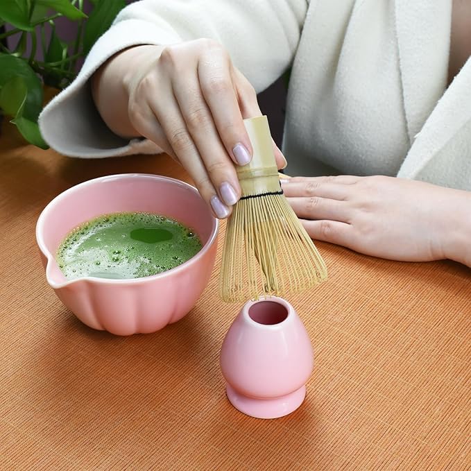 Artcome 7 Pcs Japanese Matcha Tea Set - Matcha Bowl with Pouring Spout, Matcha Whisk, Tea Scoop, Whisk Holder, Handmade Matcha Ceremony Kit For Japanese Tea Ceremony, Rose