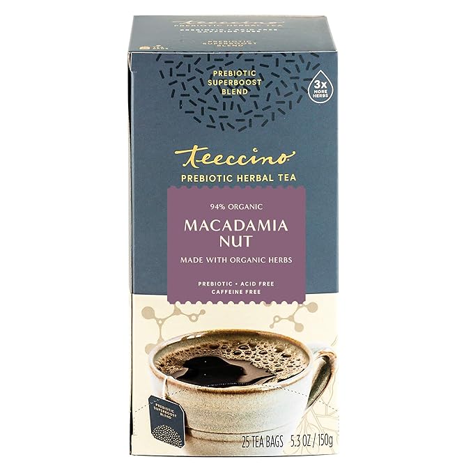 Teeccino Macadamia Nut - Prebiotic SuperBoost™ Herbal Tea - Support Your Probiotics with Vegan GOS & Organic XOS For Good Gut Health - Digestive Dessert Tea, 25 Tea Bags