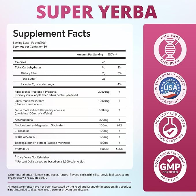 OTYKMBF Super Yerba Instant Powder Packets, Mate Tea with Raspberry Lemonade Flavor, 30 Servings Yerba Mate for Calm Energy, Focus Boost and Gut Health