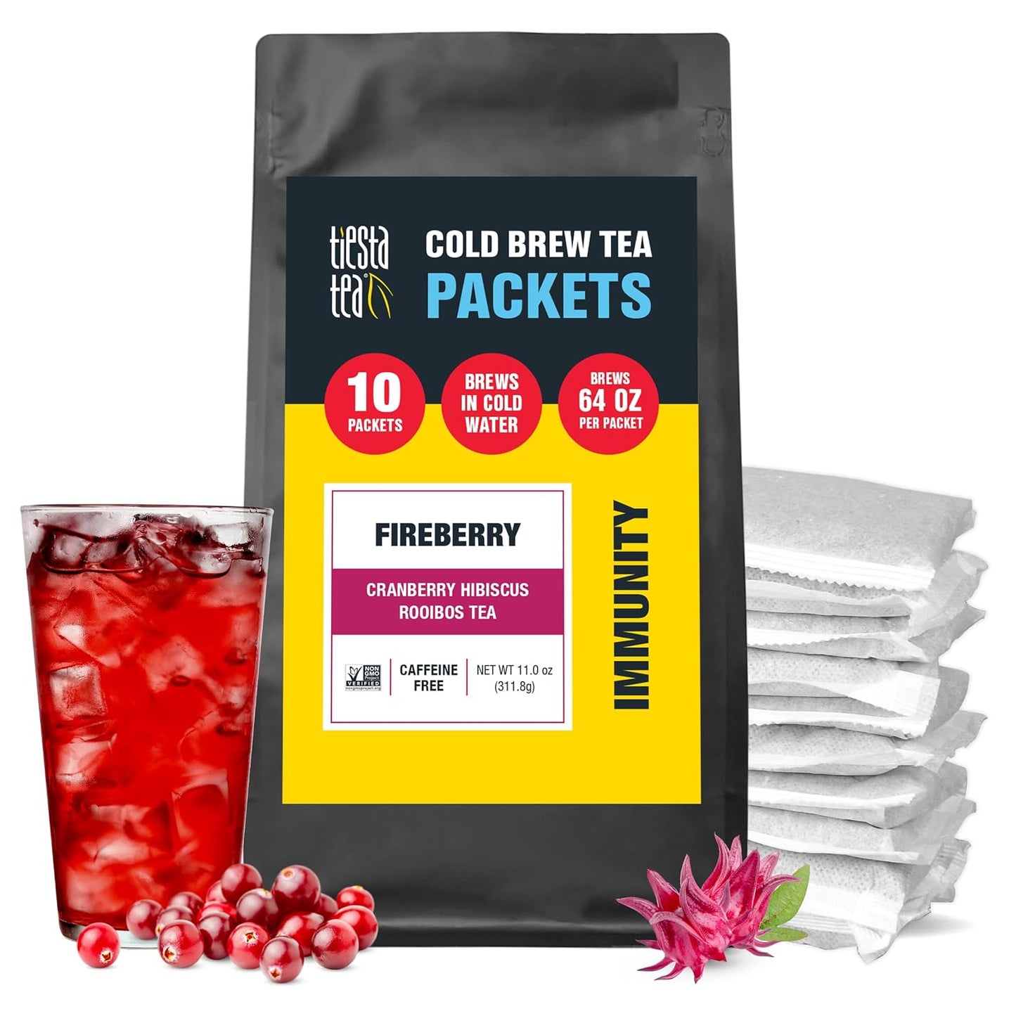 Tiesta Tea - Fireberry Cold Brew, Loose Leaf | Cranberry Hibiscus Rooibos Tea, Premium Non-Caffeinated Blend, Cold Brew Packets, Makes 64 oz Per Bag (Pack of 10)