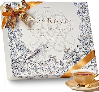 TeaRove Premium Tea Sampler Gift Set with Gold-Foil Presentation Box, 24 Assorted Variety Pyramid Infuser Bags, 6 Flavors Handcrafted Black, Oolong, Jasmine Green, Herbal Tea Sampler Gift for Tea Lover