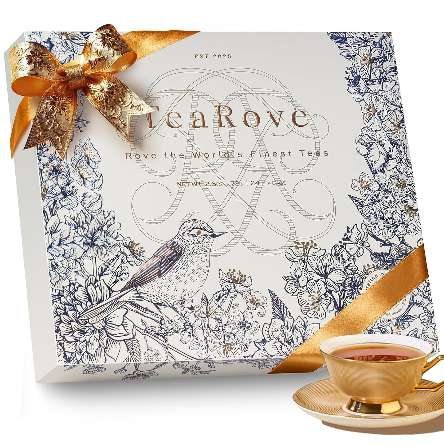 TeaRove Premium Tea Sampler Gift Set with Gold-Foil Presentation Box, 24 Assorted Variety Pyramid Infuser Bags, 6 Flavors Handcrafted Black, Oolong
