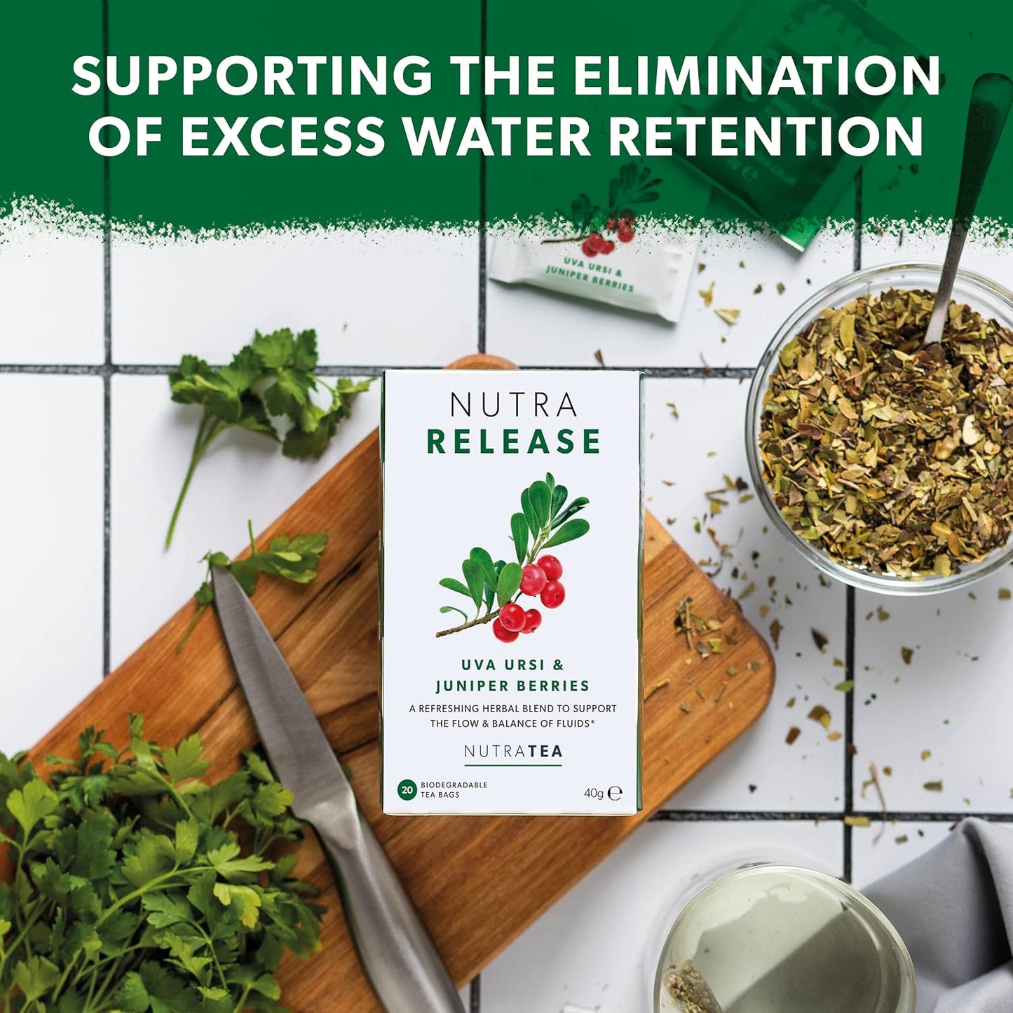 NUTRARELEASE - Water Retention Tea | Bloated Stomach Tea - Natural Diuretic For Water Balance - Includes Dandelion Root &amp; Bearberry - 40 Enveloped Tea Bags - by Nutra Tea - Herbal Tea - (2 Pack)