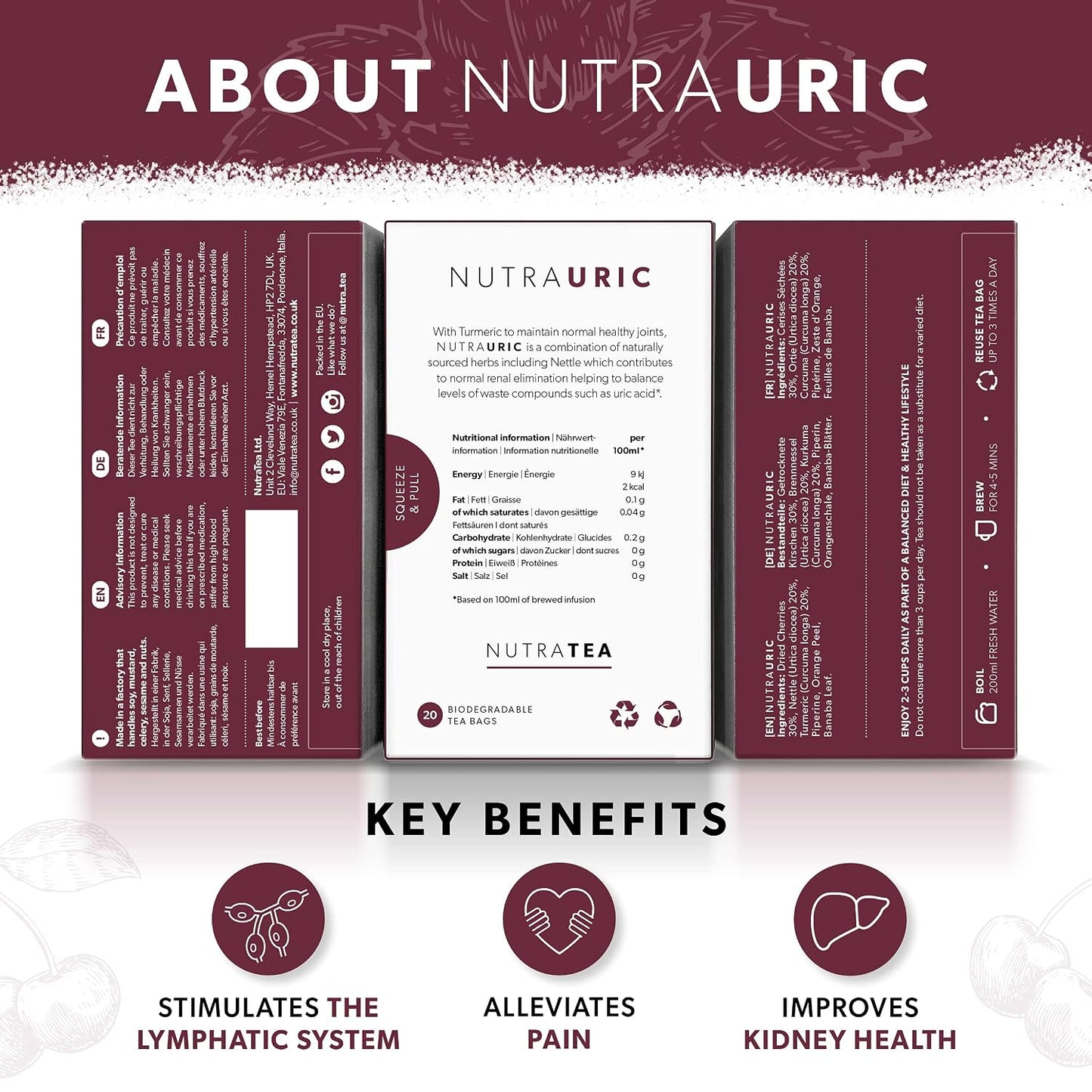 NUTRAURIC - Uric Acid Cleanse and Kidney Support – Kidney Cleanse Tea – Includes Cherry, Nettle &amp; Turmeric - 40 Enveloped Tea Bags - by Nutra Tea - Herbal Tea - (2 Pack)