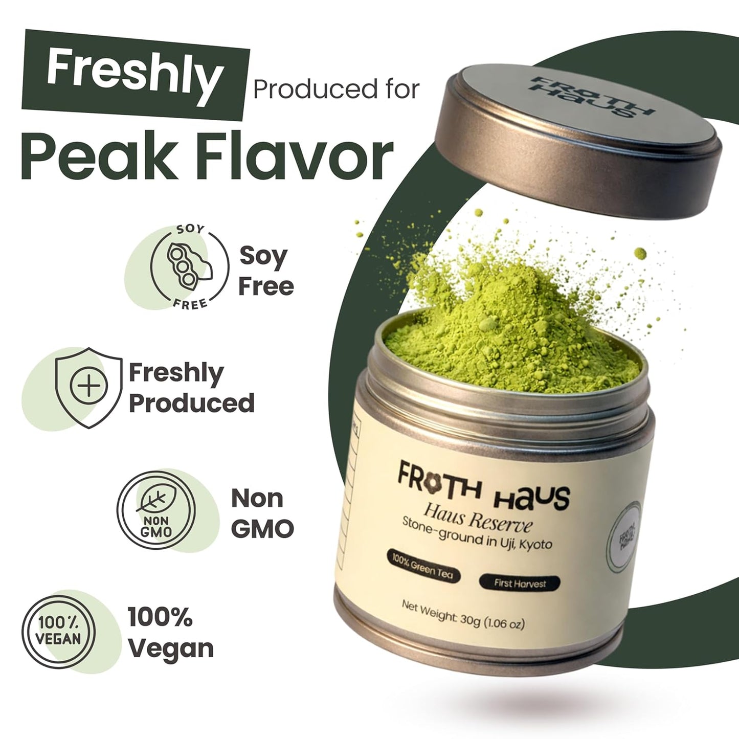 Froth Haus Premium Reserve Authentic Japanese First Harvest Ceremonial Grade Matcha Green Tea Powder, Pure Organc Grown in Uji, Kyoto