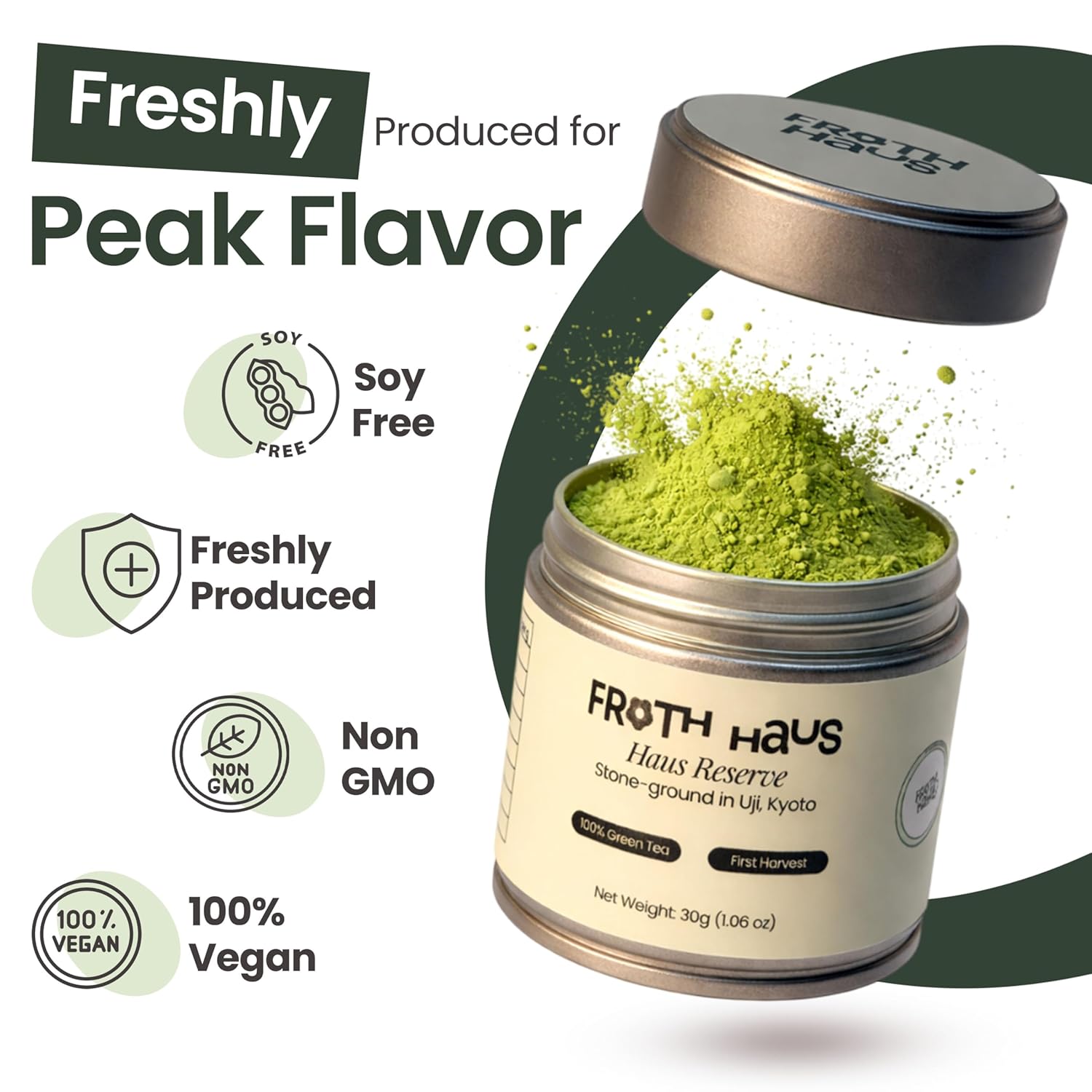 Froth Haus Premium Reserve Authentic Japanese First Harvest Ceremonial Grade Matcha Green Tea Powder, Pure Organc Grown in Uji, Kyoto