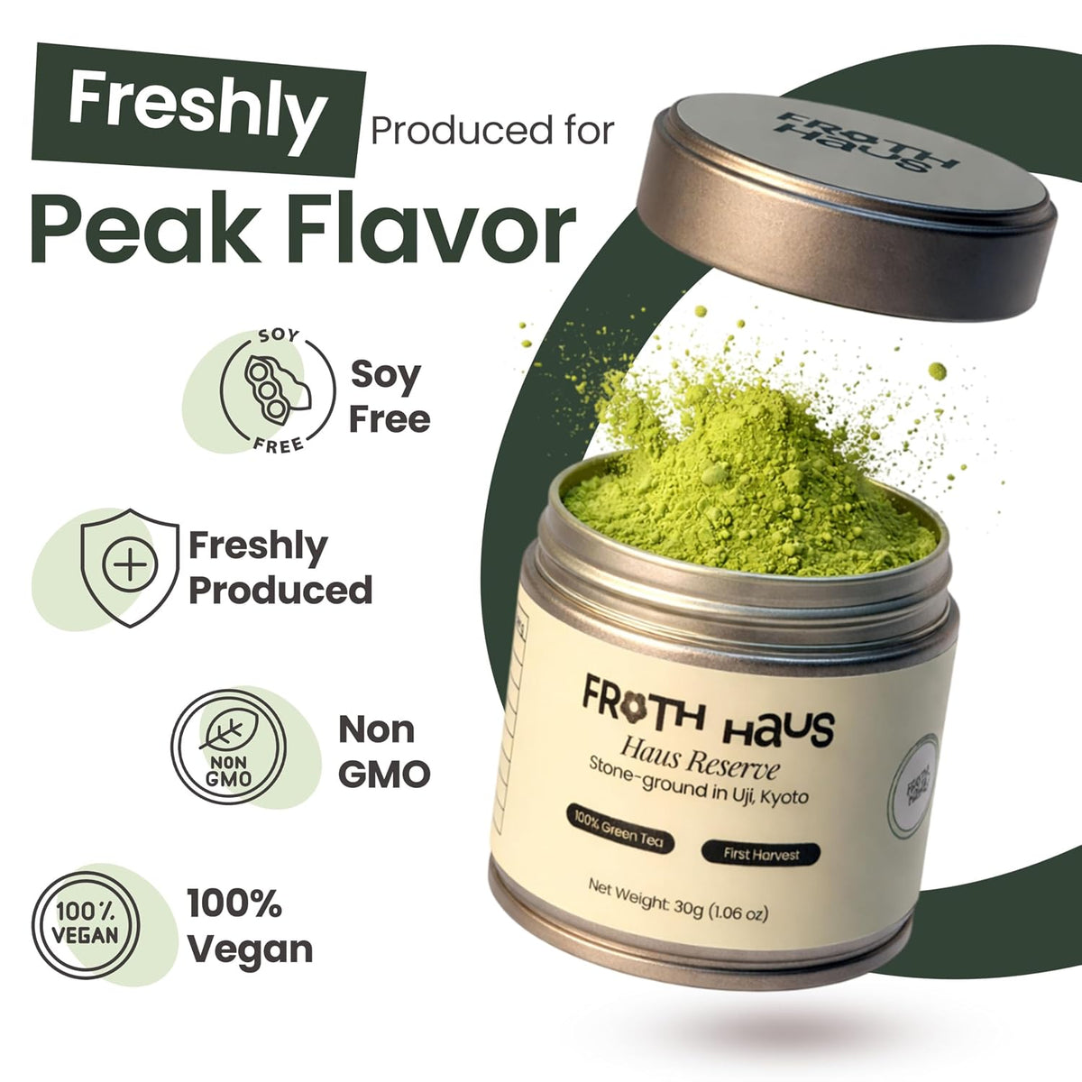 Froth Haus Premium Reserve Authentic Japanese First Harvest Ceremonial Grade Matcha Green Tea Powder, Pure Organc Grown in Uji, Kyoto