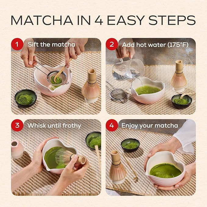 Rehny’s Matcha Whisk Set, Complete Matcha Set w/Heart-Shaped Bowl, Bamboo Whisk, Holder, Stainless Steel Sifter, Bamboo Scoop