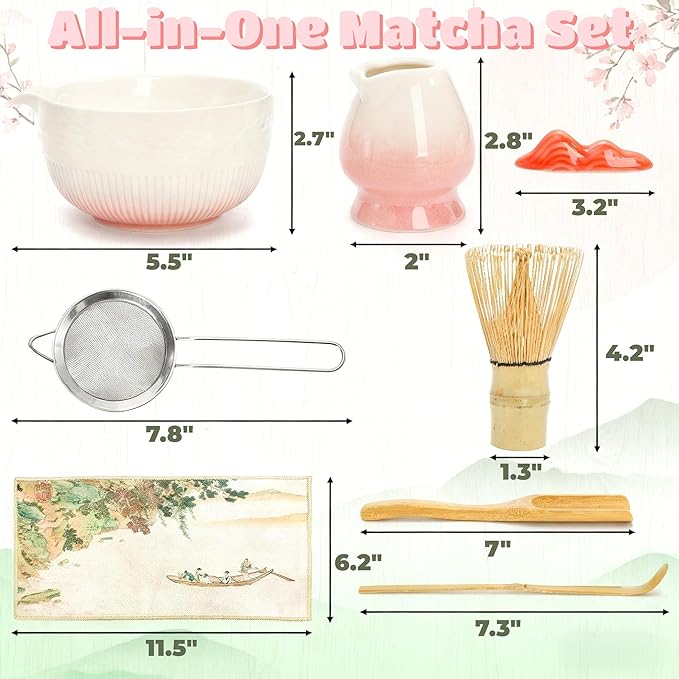 8 Pack Matcha Whisk Set, Japanese Matcha Tea Set, Ceramic Mixing Bowl with Spout, Bamboo Measuring Spoon and Scoop Stand, Towel, Whisk Holder