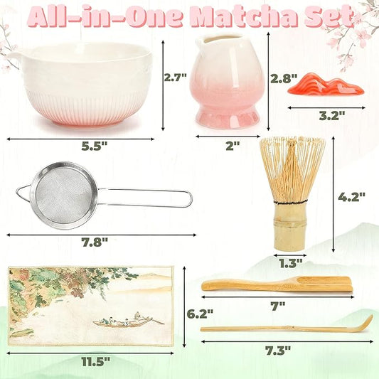 8 Pack Matcha Whisk Set, Japanese Matcha Tea Set, Ceramic Mixing Bowl with Spout, Bamboo Measuring Spoon and Scoop Stand, Towel, Whisk Holder
