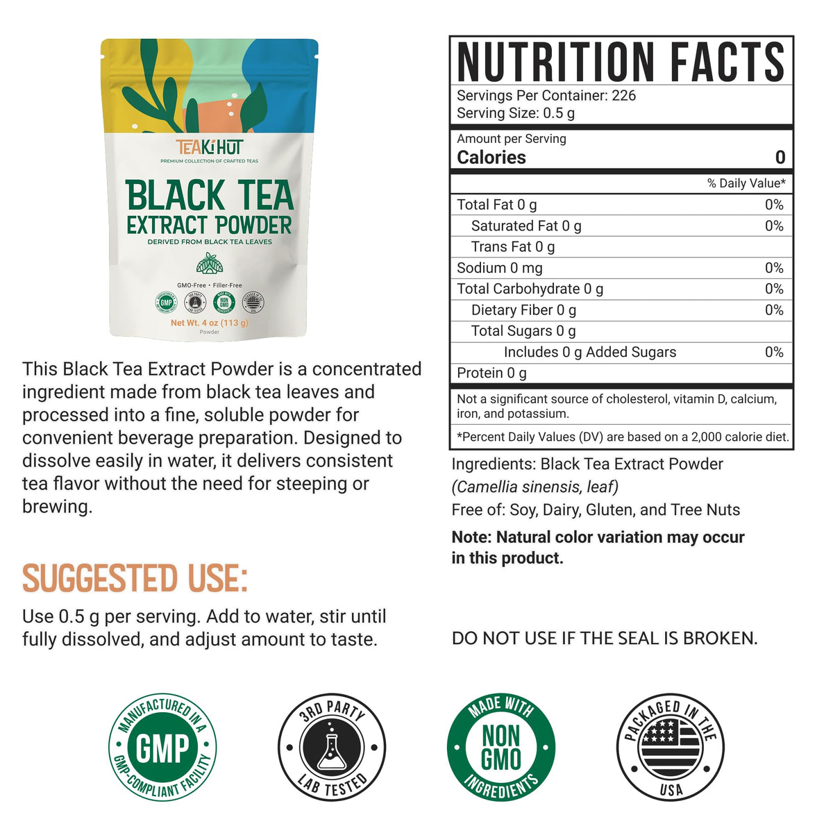 TEAki Hut Instant Black Tea Extract Powder, Unsweetened Iced Tea Extract, 4oz