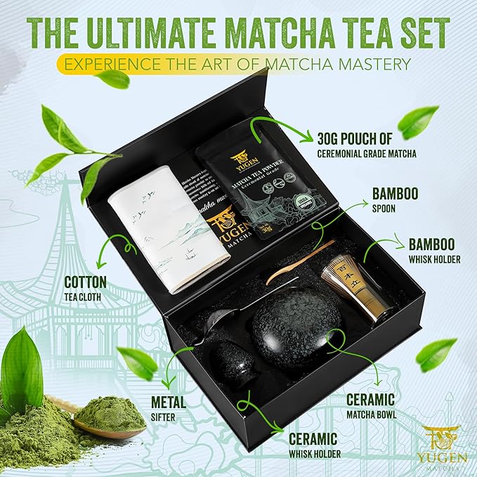 7 Piece Matcha Whisk Set, Includes 30g Ceremonial Grade Matcha Powder, Metal Sifter, Bamboo Whisk, Whisk Holder, Bamboo Spoon, Tea Cloth, Matcha Bowl