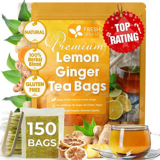 FreshDrinkUS, Premium Lemon Ginger Tea, 150 Count, Caffeine-Free Blend