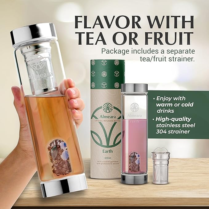 Almeara Crystal Water Bottle with Authentic Moss Agate, Opal Stones & Smoky Quartz Removable Gemstones, Loose Leaf Tea Infuser - Relaxation