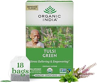 ORGANIC INDIA Tulsi Green Tea Bags - Holy Basil Tea, African Basil, Stress Relieving, Immune Support, USDA Certified Organic, Premium Darjeeling Green Tea, Caffeinated - 18 Infusion Bags, 1 Pack