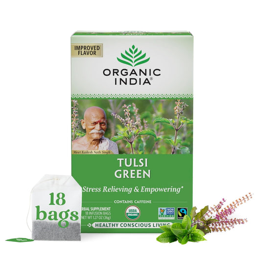 ORGANIC INDIA Tulsi Green Tea Bags - Holy Basil Tea, African Basil, Stress Relieving, Immune Support, USDA Certified Organic, Premium Darjeeling Green Tea, Caffeinated - 18 Infusion Bags, 1 Pack