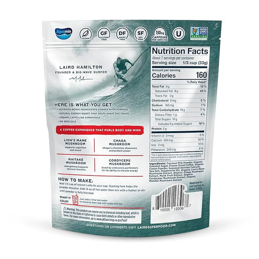 Laird Superfood Peppermint Mocha Instant Latte with Adaptogens – Antioxidants and Superfood Coconut Creamer – Boost of Functional Fuel – Gluten Free, Non-GMO, Vegan, 8 oz. Bag, Pack of 1